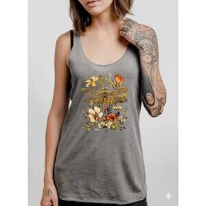 Gray Women's Tank Top with Dragonfly and Floral Print